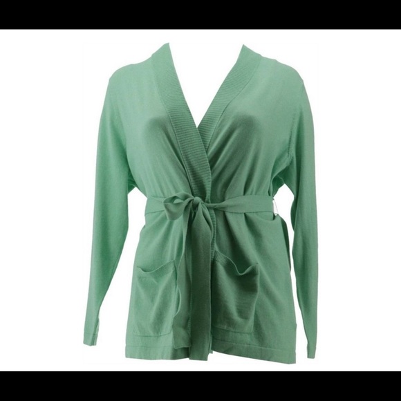 Lands' End Women's Long SL Cashmere Tie Cardigan Dew Green Heather - Picture 1 of 3